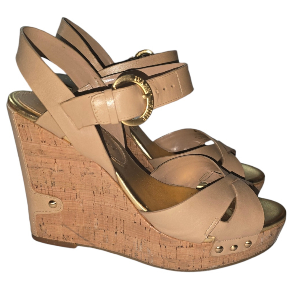 Vintage Women's Ivanka Trump Ithalina Beige Cork Wedge Leatger Sandals Size 8.5 - Picture 2 of 10